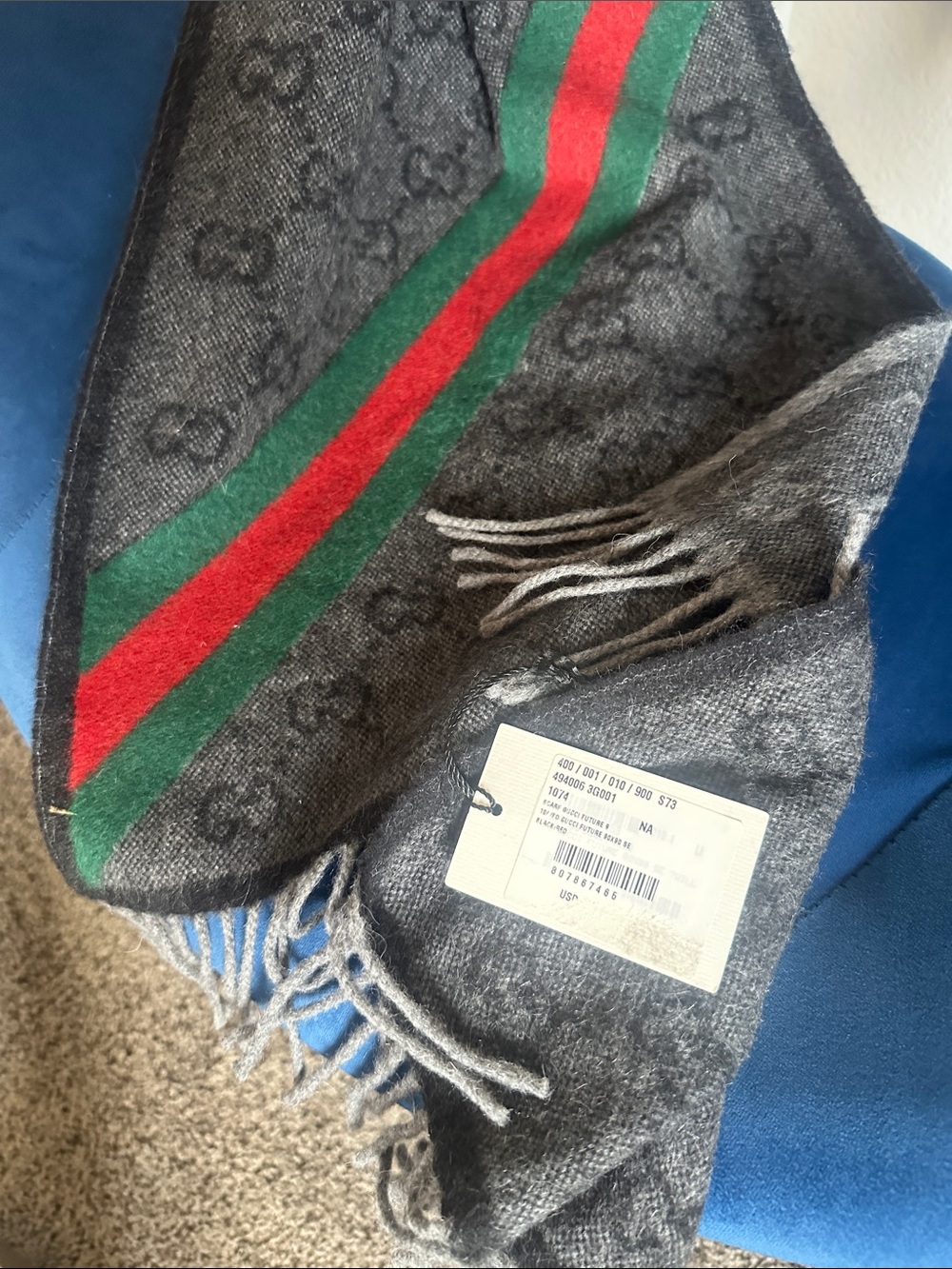 Gucci Gray Wool Scarf with Red and Green Stripe